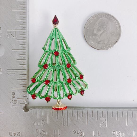 Vintage Christmas Tree Brooch Gold Tone Enamel Red Rhinestones Mid Century Retro - Picture 9 of 9